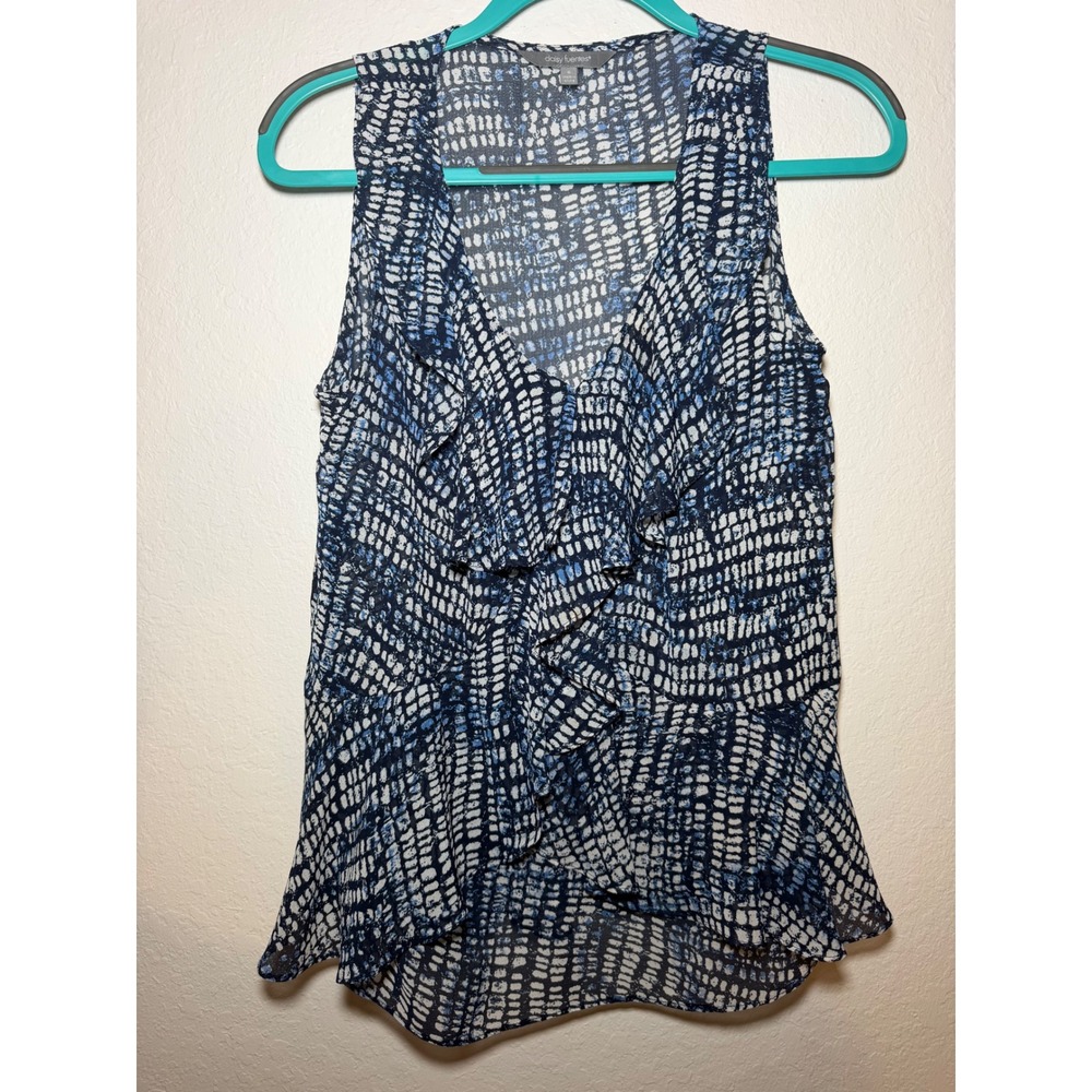 Daisy Fuentes Evening Blue Combo Ruffle V-Neck Sleeveless Blouse Small
